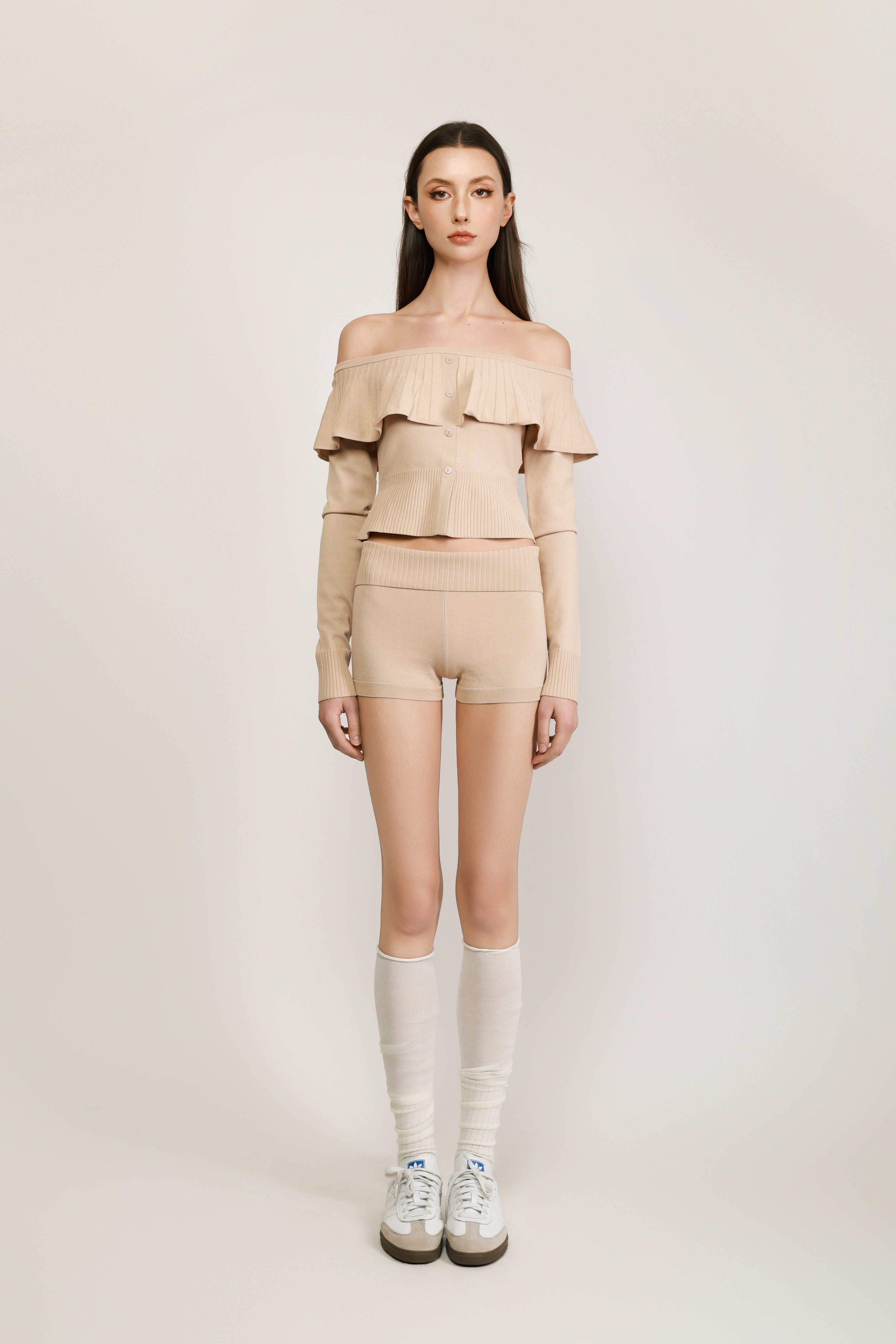 Beige Off-Shoulder Knit Set