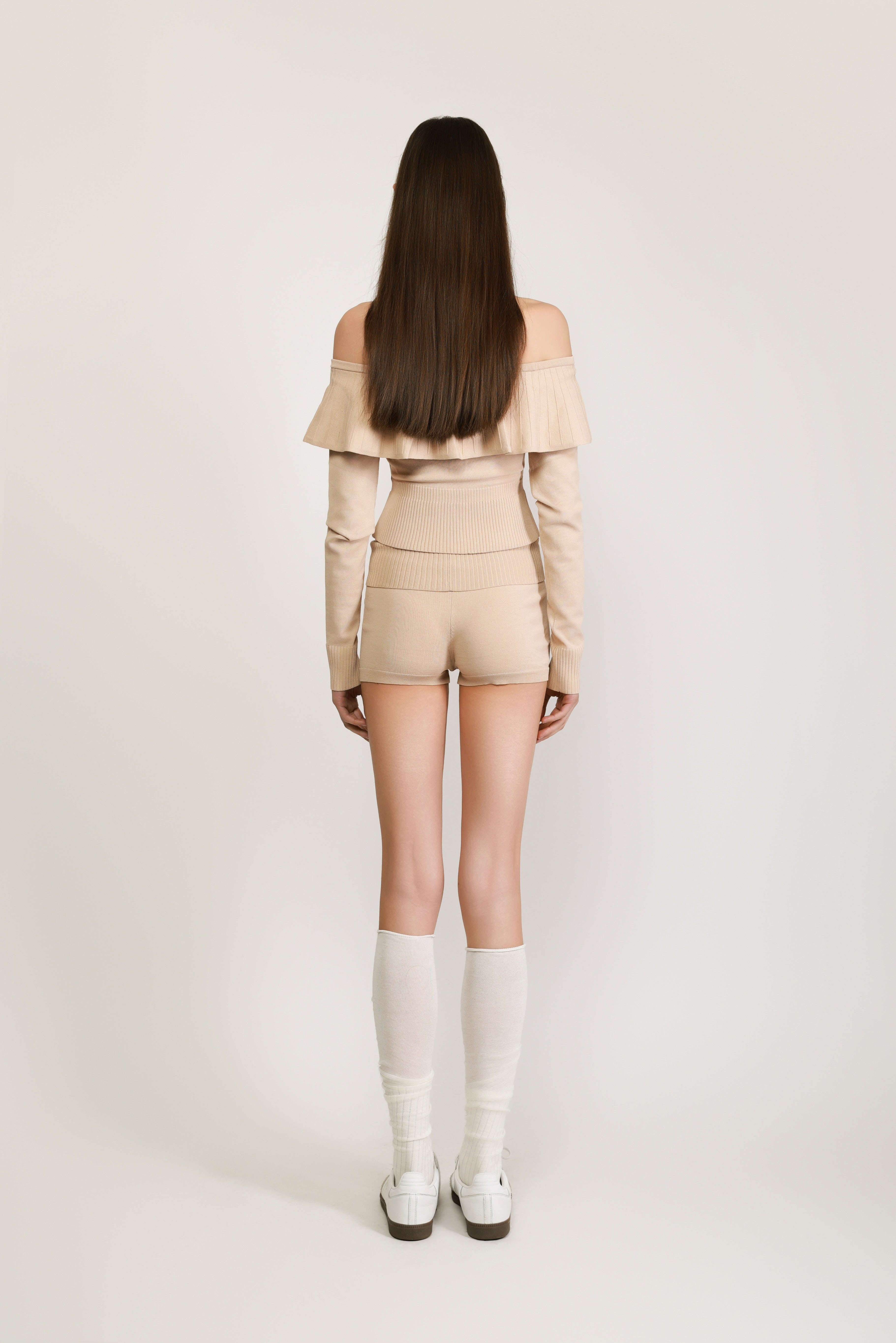 Beige Off-Shoulder Knit Set