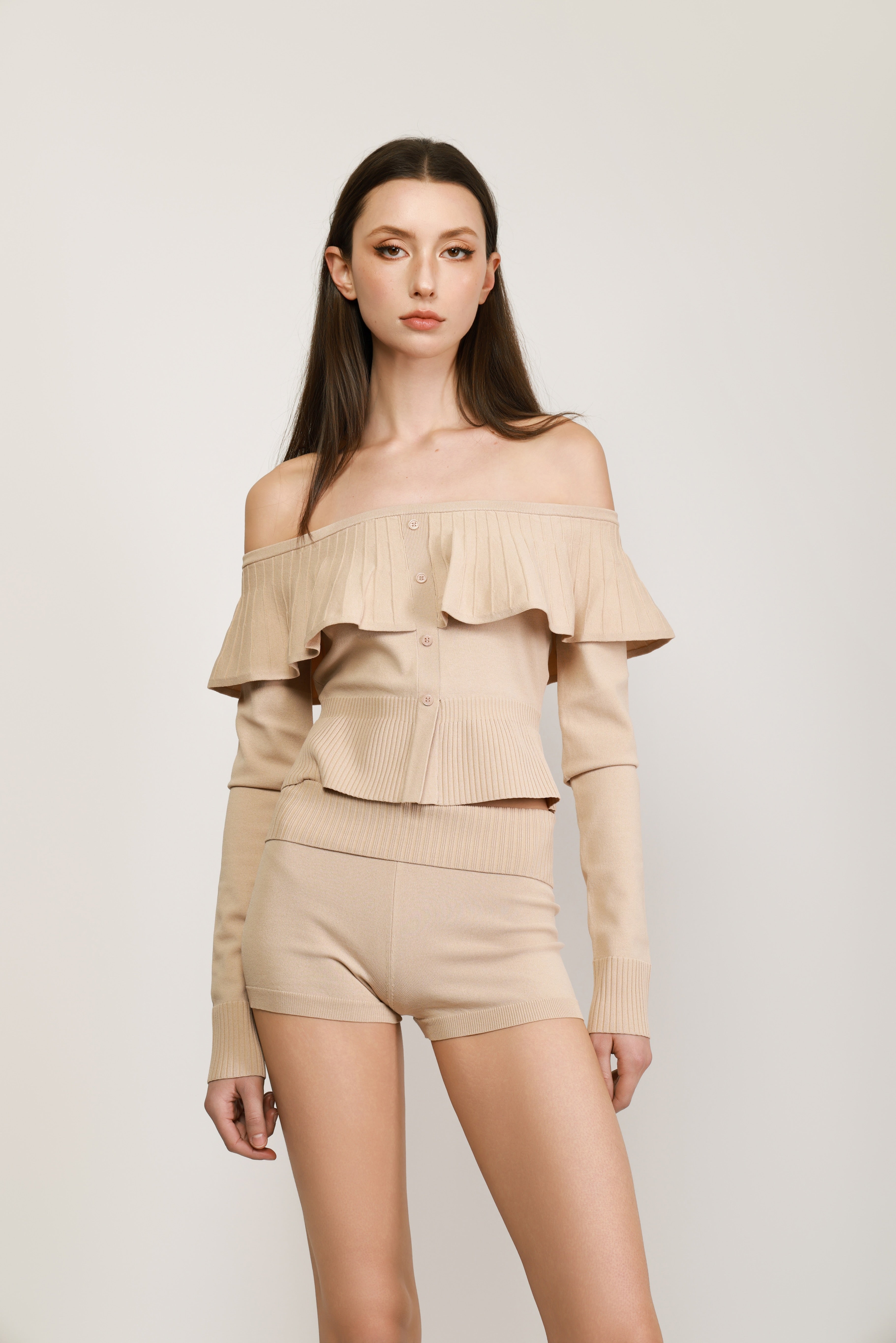 Beige Off-Shoulder Knit Set